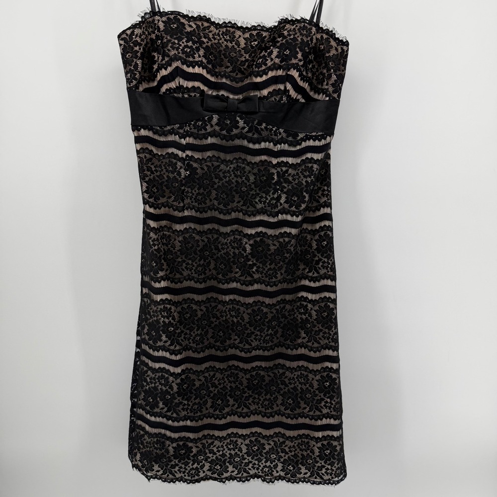 Delaru Lace Dress Women's 10 Black Updated LBD Sheath Bow Satin Trim Cocktail